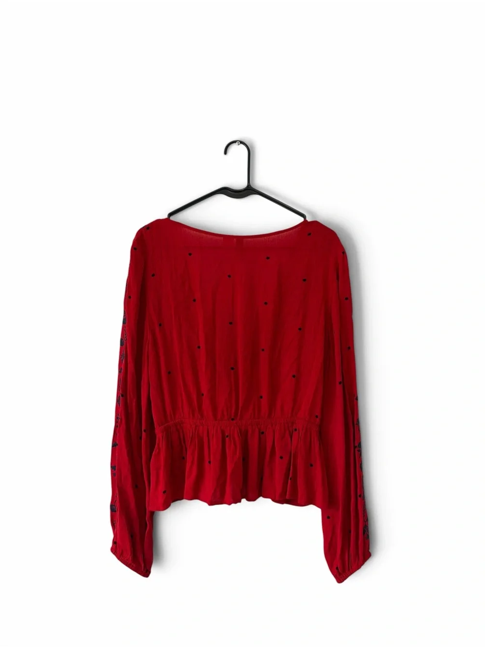 H&M Red Wrap Blouse with Black Floral Embroidery